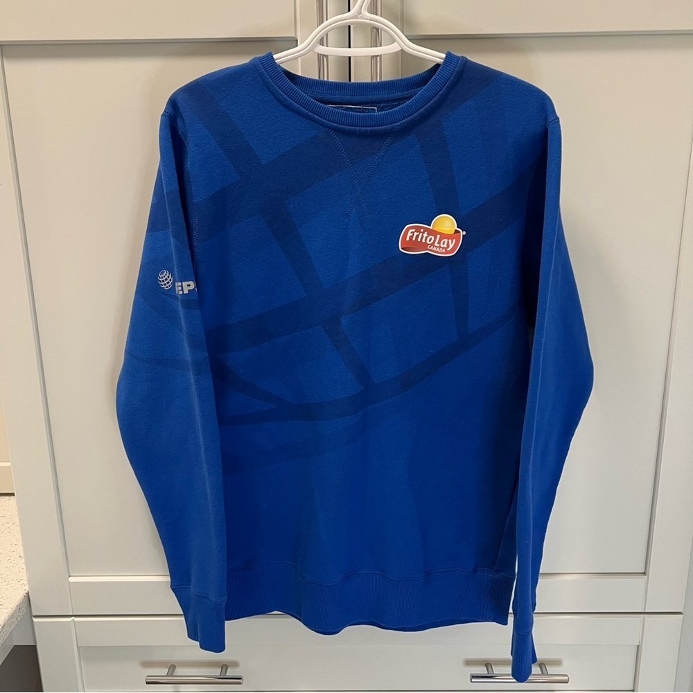 Vintage PEPSICO CANADA FRITO LAY Unisex Sweatshirt | Blue w/ Graphics | Youth L